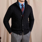 Men's cable knit cardigan with shawl collar and button front