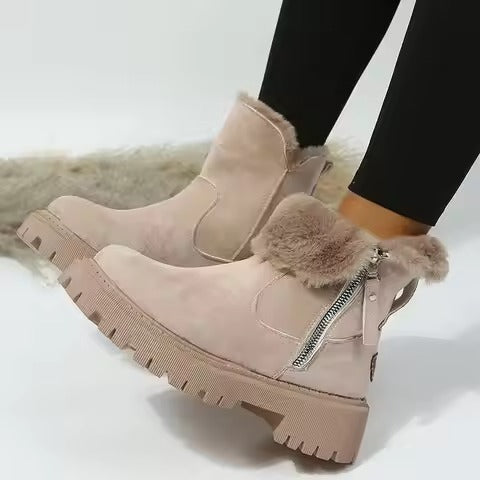 Fur-trimmed winter boots with side zipper and lug sole