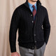 Men's cable knit cardigan with shawl collar and button front