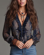 Women's paisley blouse with ruffled V-neck and sheer long sleeves