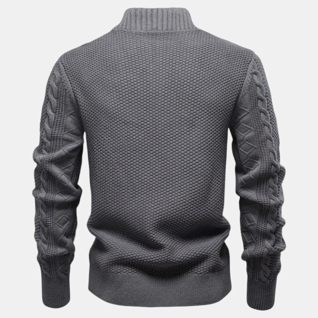 Men's cable-knit full-zip jumper with mock neck and ribbed trims