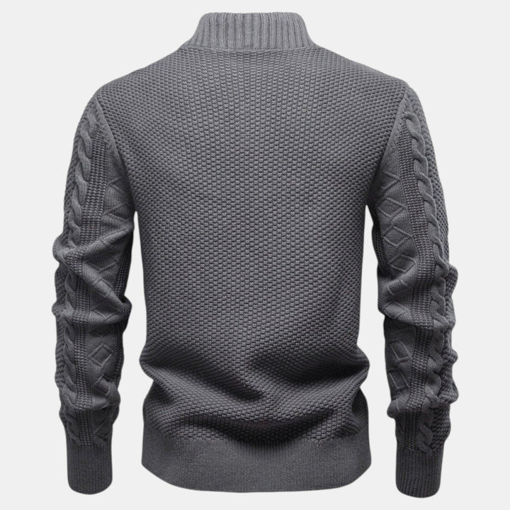 Men's cable-knit full-zip jumper with mock neck and ribbed trims