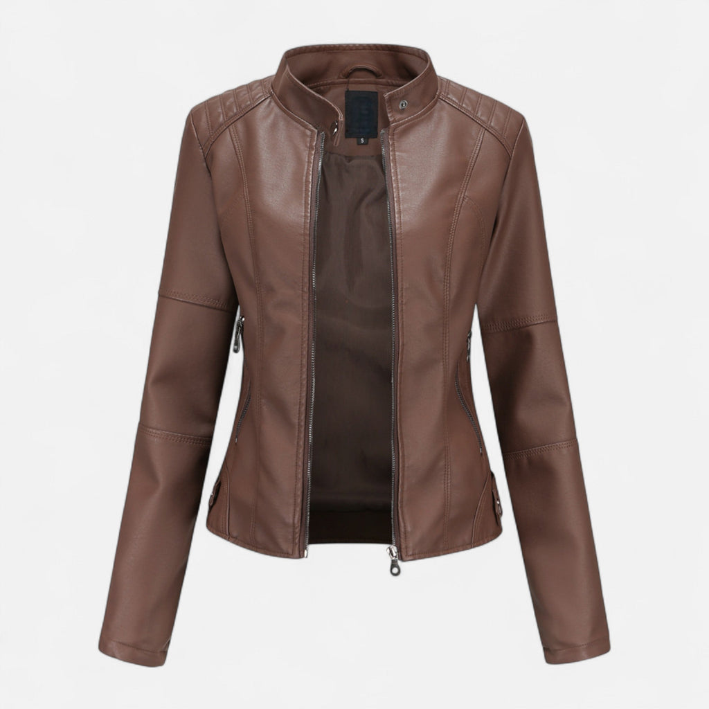 Women's cropped zip-up jacket with stand collar and zipped pockets