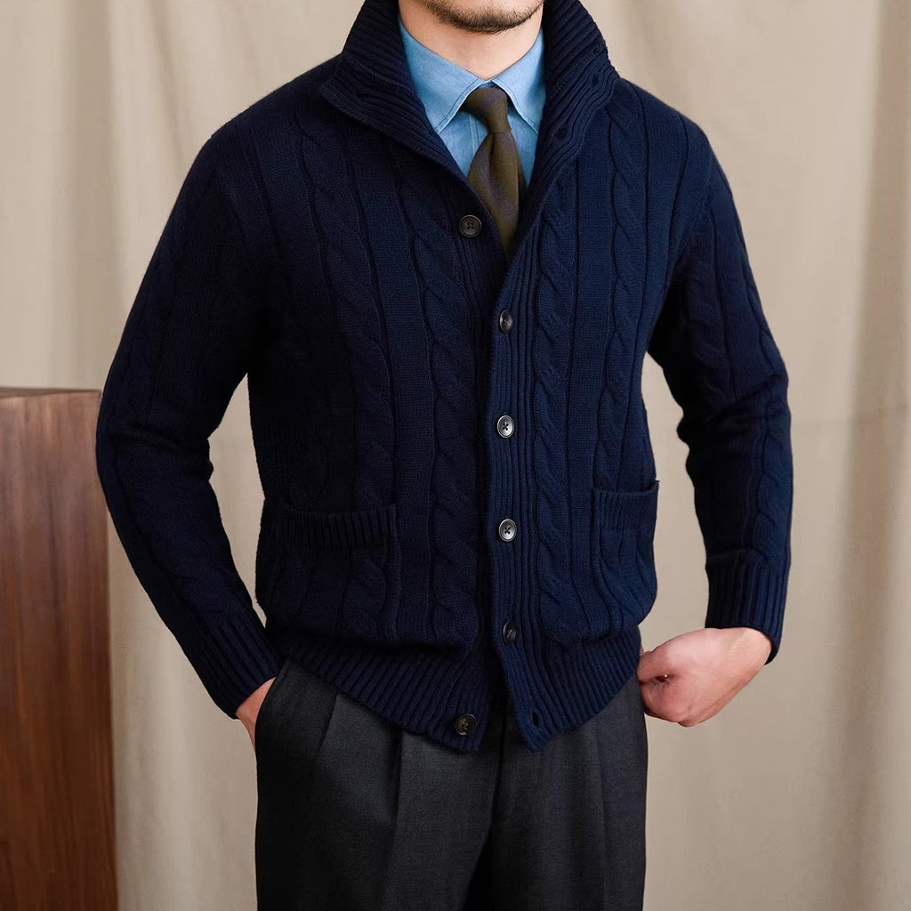 Men's cable knit cardigan with shawl collar and button front