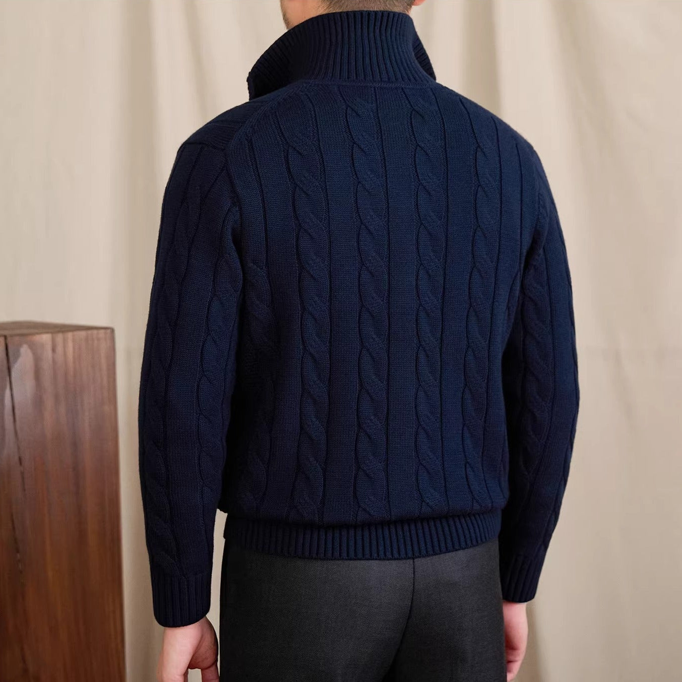 Men's cable knit cardigan with shawl collar and button front