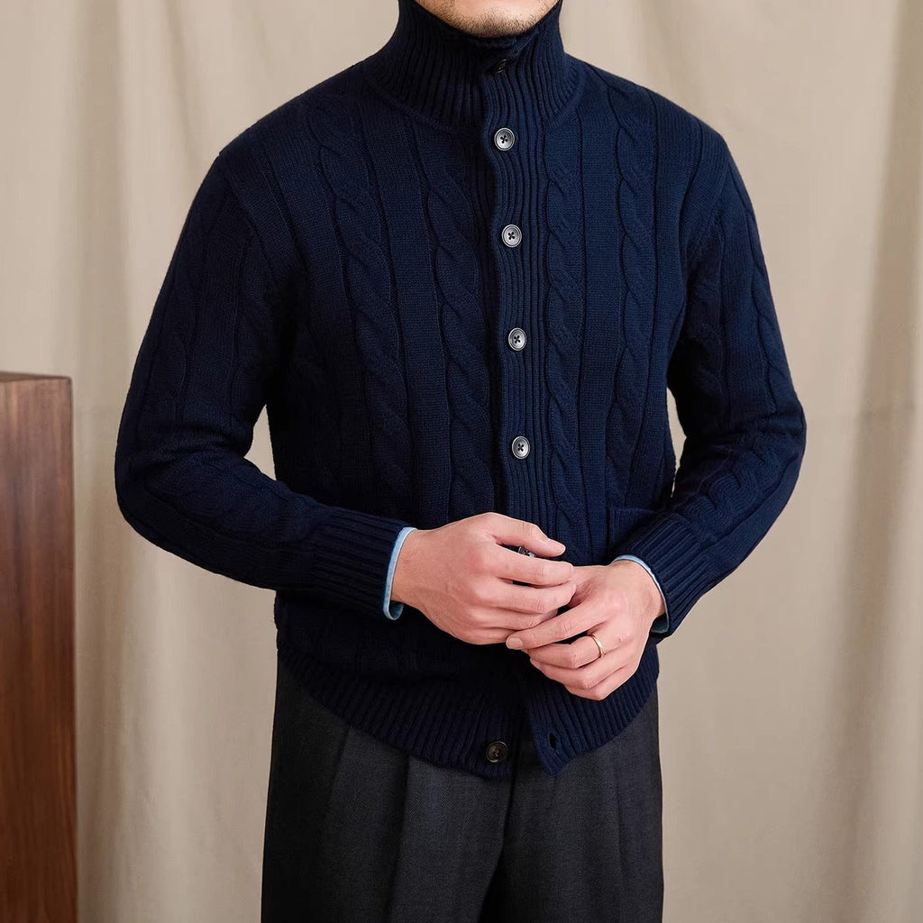 Men's cable knit cardigan with shawl collar and button front
