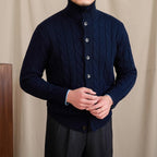 Men's cable knit cardigan with shawl collar and button front