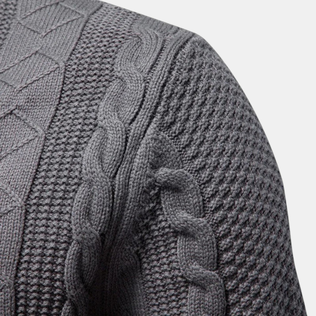 Men's cable-knit full-zip jumper with mock neck and ribbed trims