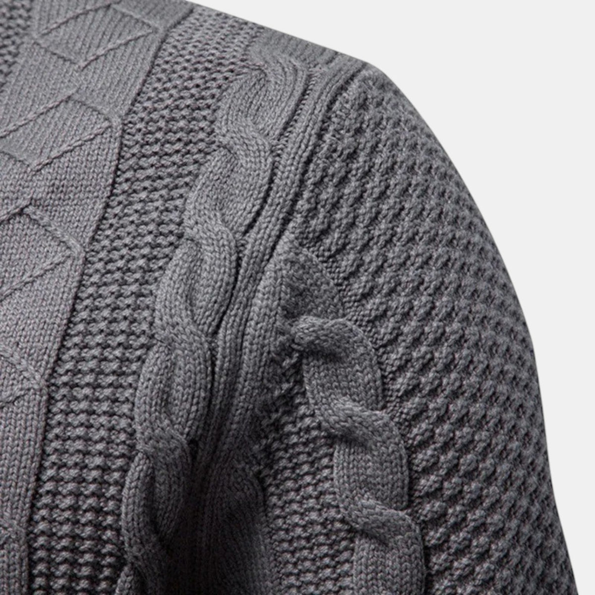 Men's cable-knit full-zip jumper with mock neck and ribbed trims