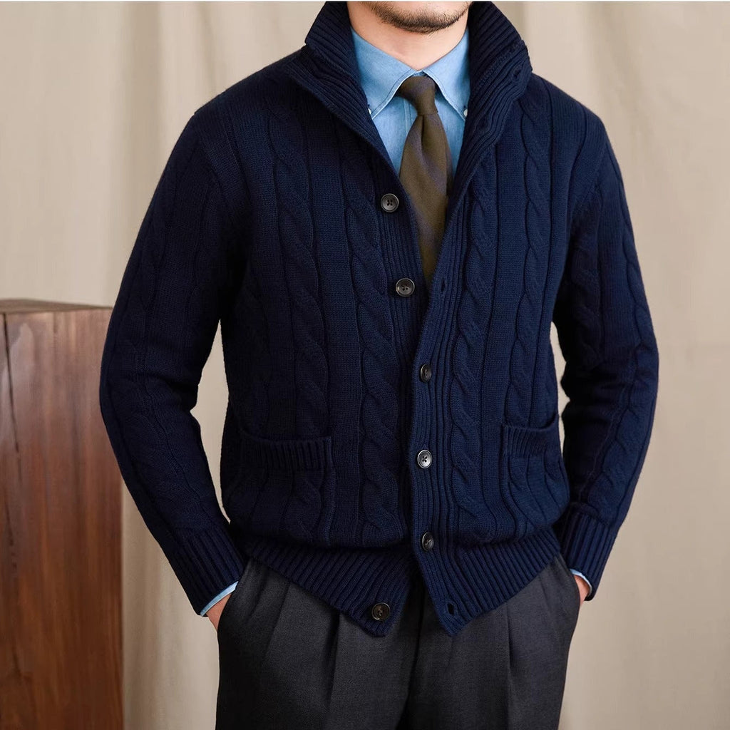 Men's cable knit cardigan with shawl collar and button front