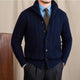 Men's cable knit cardigan with shawl collar and button front