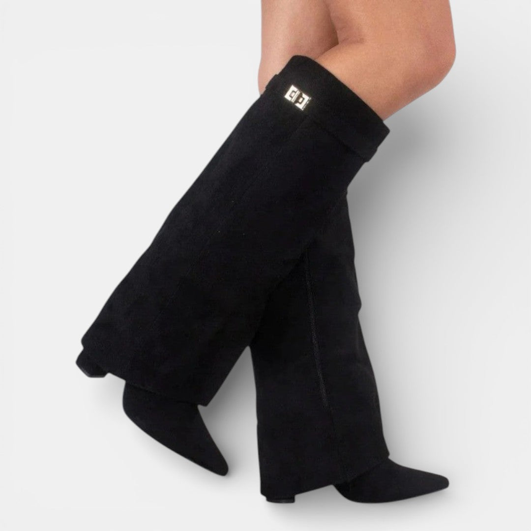Women's knee-high pointed-toe boots with block heels and side zips