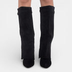 Women's knee-high pointed-toe boots with block heels and side zips