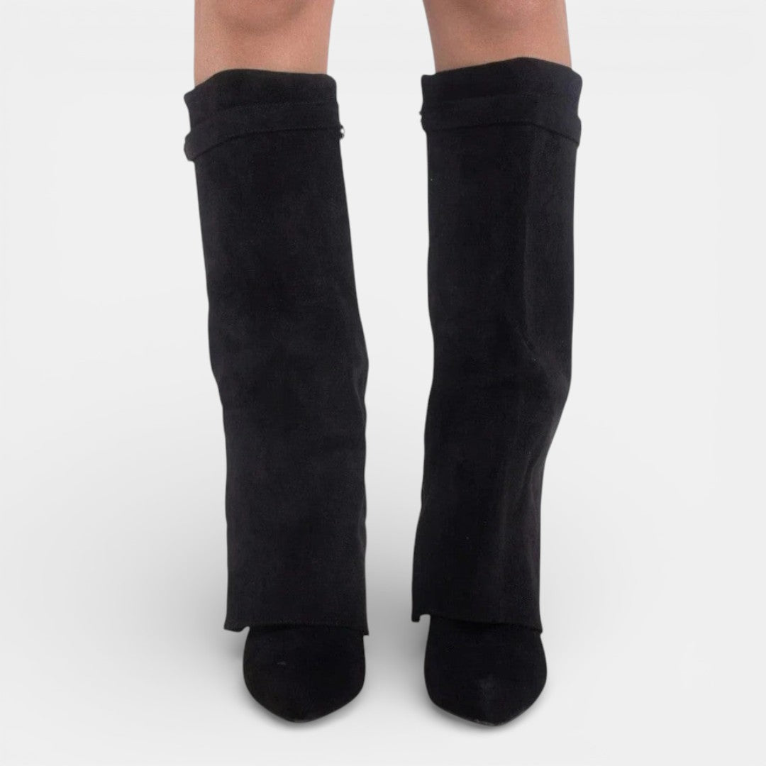 Women's knee-high pointed-toe boots with block heels and side zips