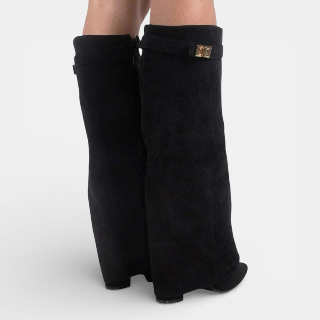 Women's knee-high pointed-toe boots with block heels and side zips
