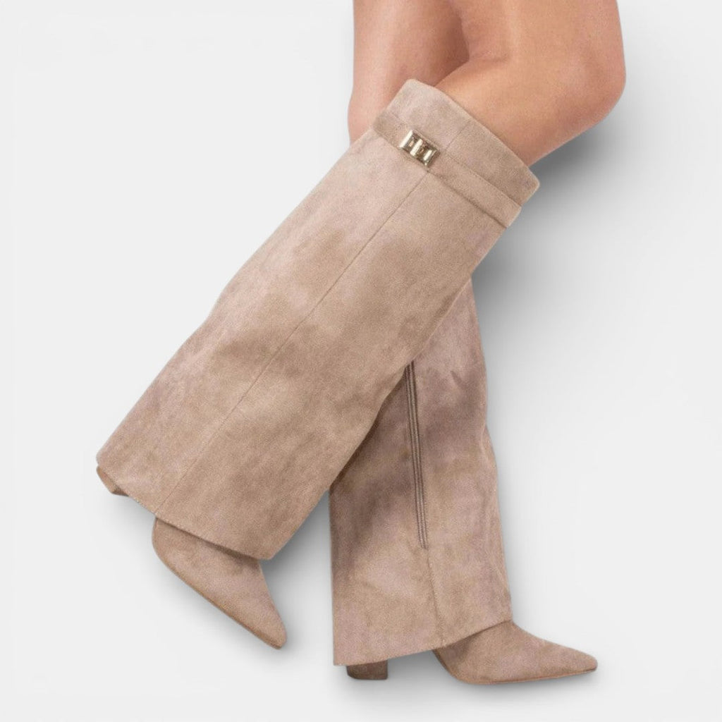 Women's knee-high pointed-toe boots with block heels and side zips