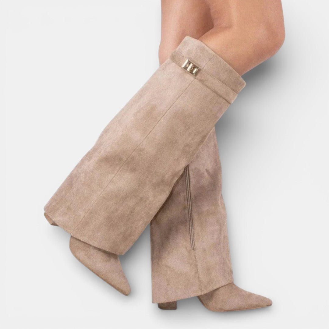 Women's knee-high pointed-toe boots with block heels and side zips