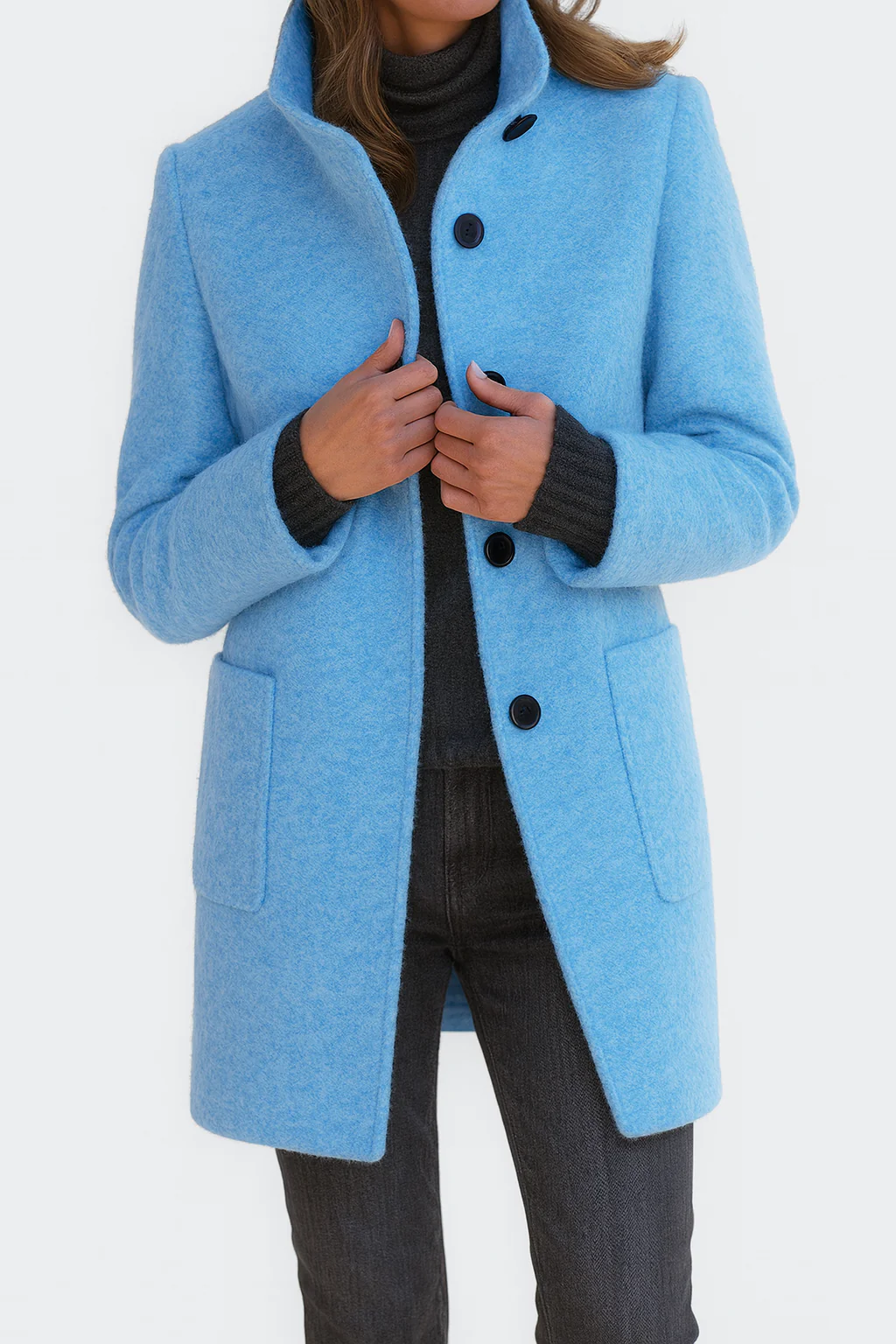 Women's longline coat with high collar, button front and patch pockets