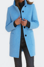 Women's longline coat with high collar, button front and patch pockets