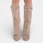 Women's knee-high pointed-toe boots with block heels and side zips