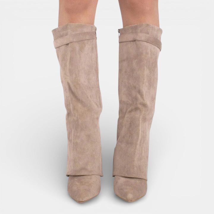 Women's knee-high pointed-toe boots with block heels and side zips