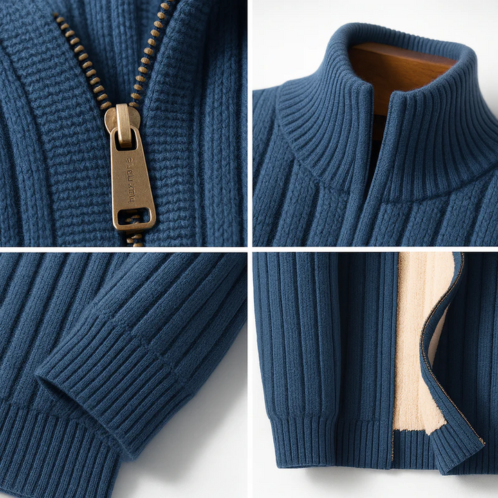 Men's ribbed zip-up cardigan with high stand collar and long sleeves