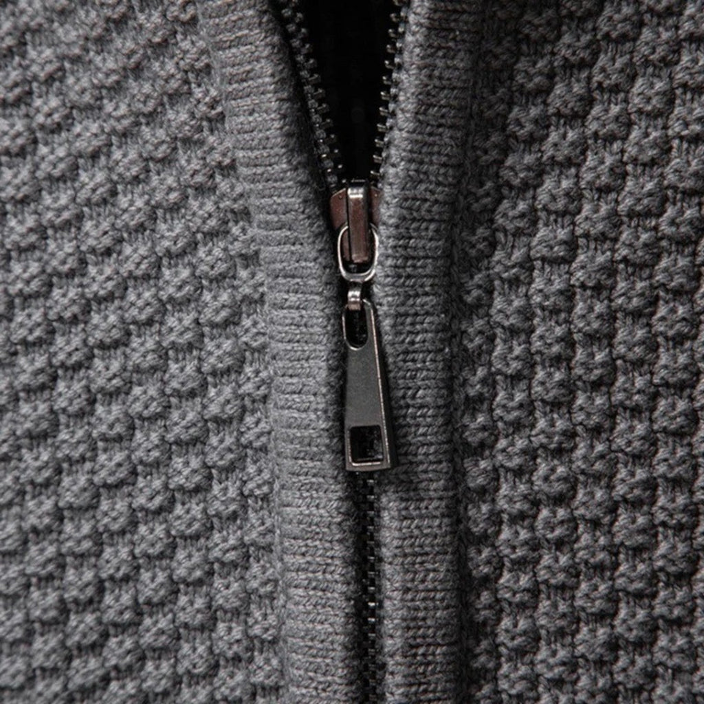 Men's cable-knit full-zip jumper with mock neck and ribbed trims