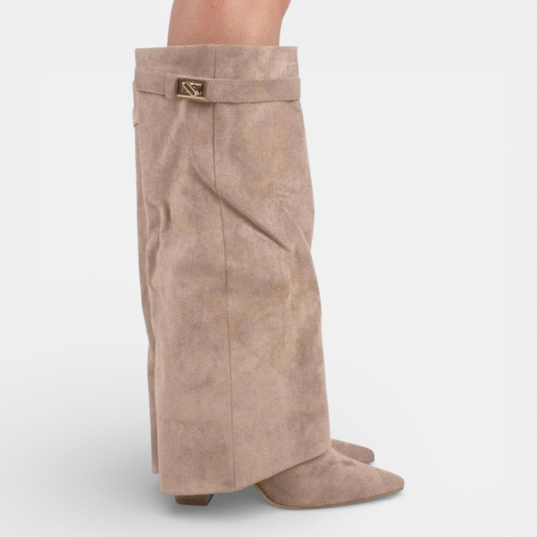Women's knee-high pointed-toe boots with block heels and side zips