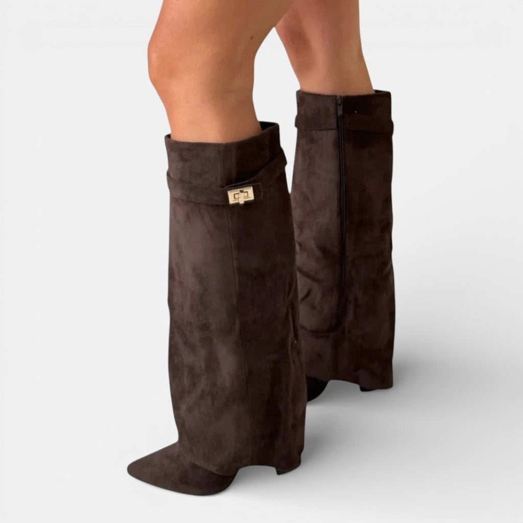 Women's knee-high pointed-toe boots with block heels and side zips