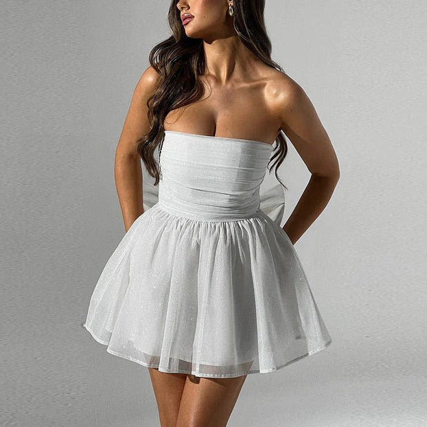 Women's Strapless Glitter Mini Dress with Ruched Bodice