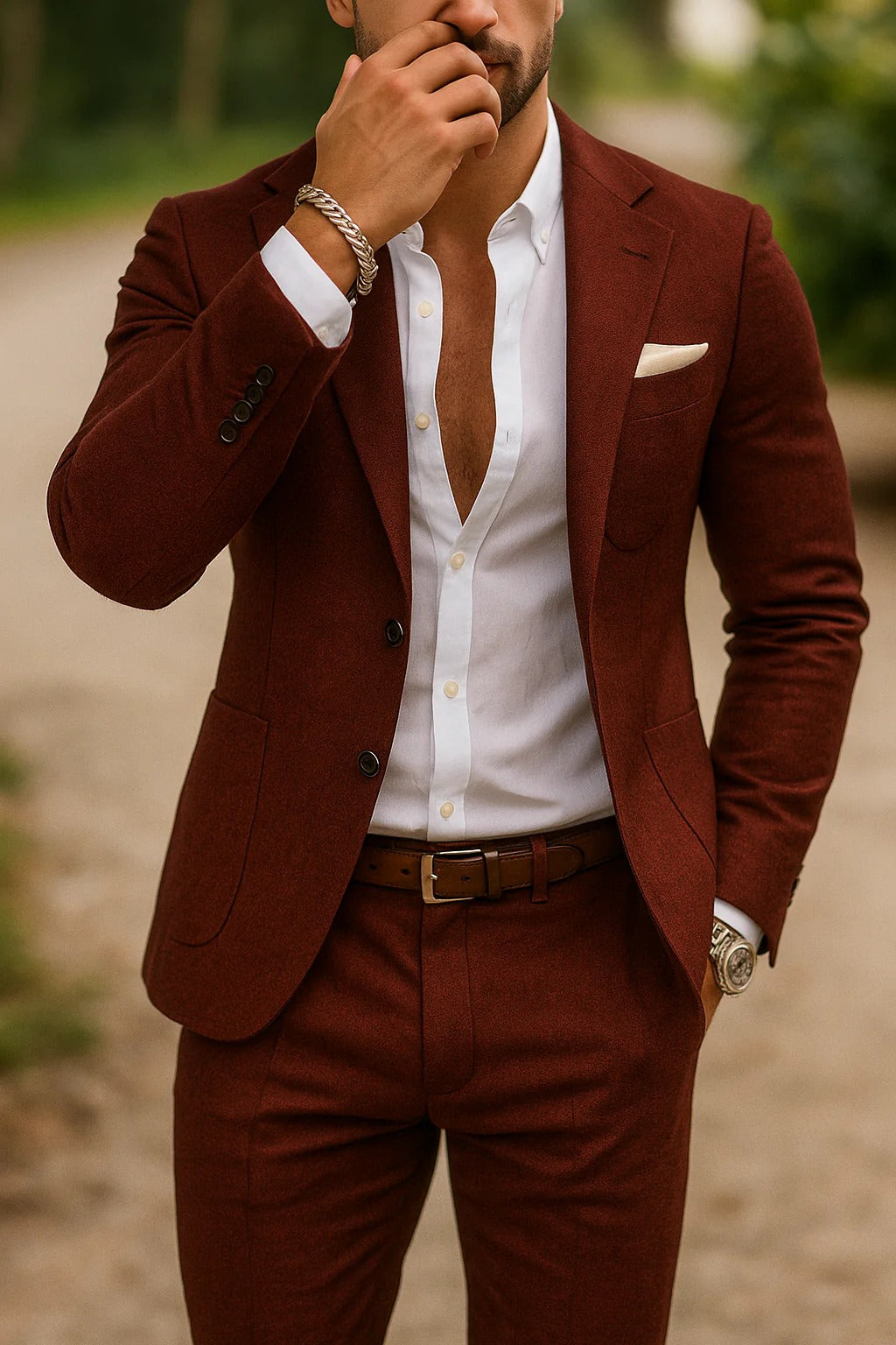 Men's slim fit blazer and trousers suit set with notched lapels and button fastening