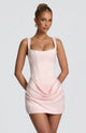 Women's fitted square-neck mini dress with corset bodice and ruched skirt