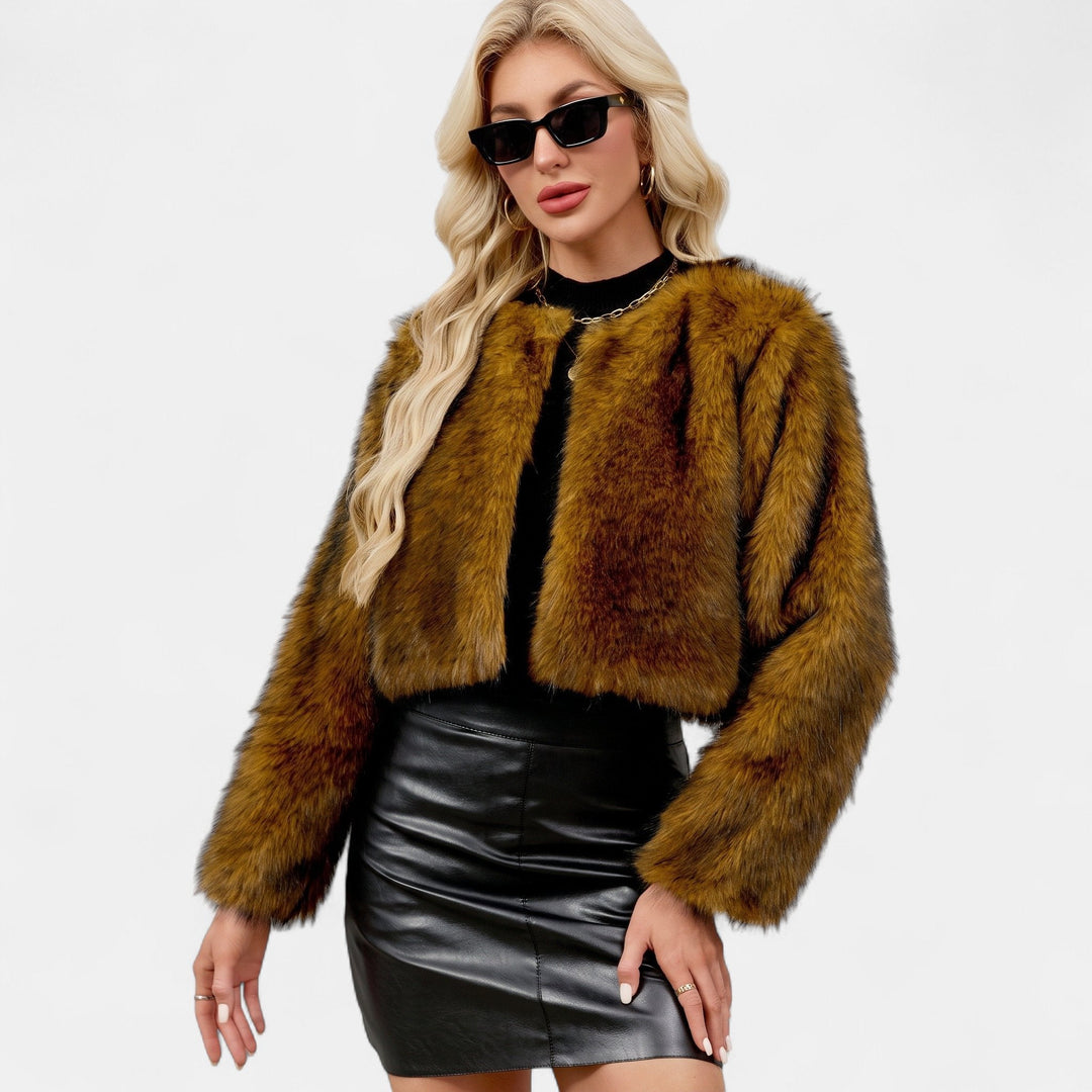 Women's Cropped Collarless Faux Fur Jacket