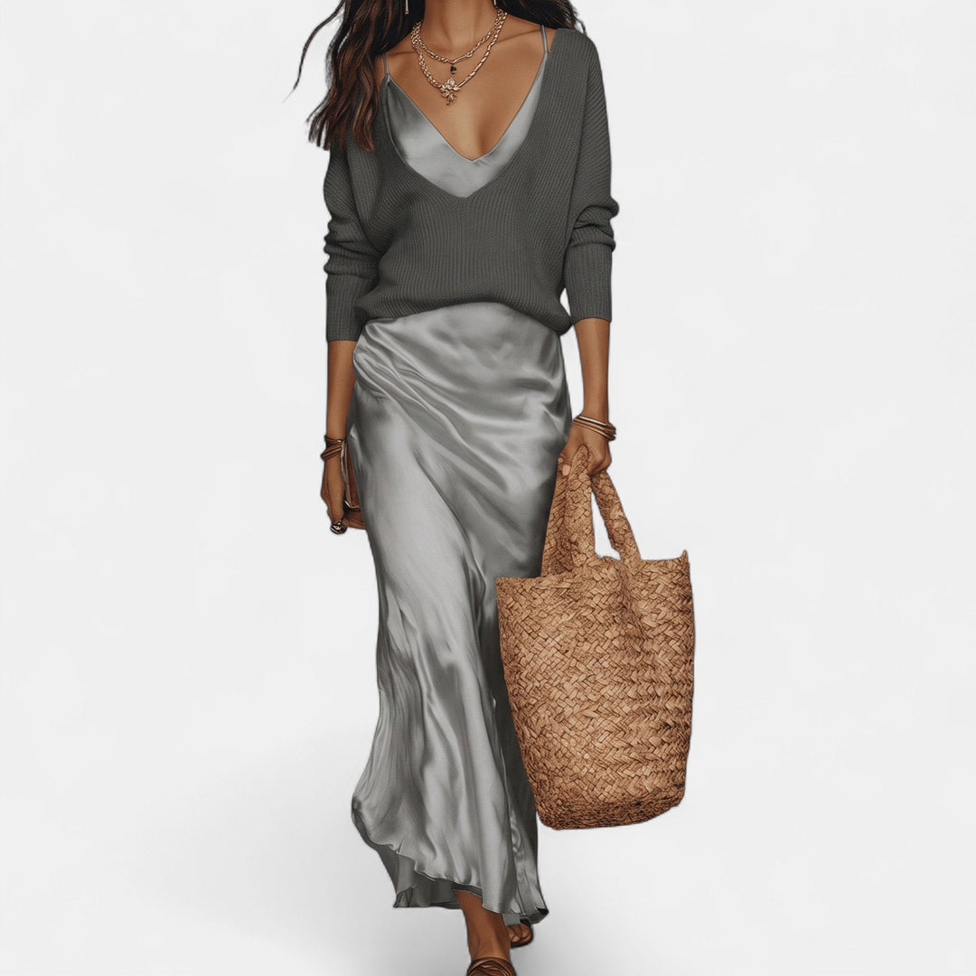 Women's Satin Slip Maxi Dress and Knit Jumper Set