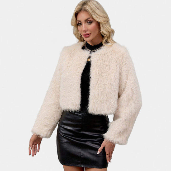Women's Cropped Collarless Faux Fur Jacket