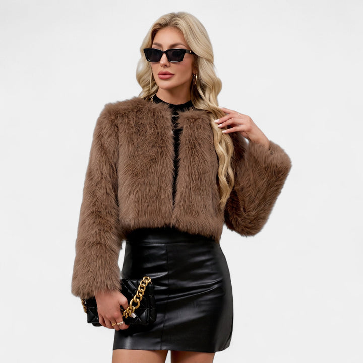 Women's Cropped Collarless Faux Fur Jacket