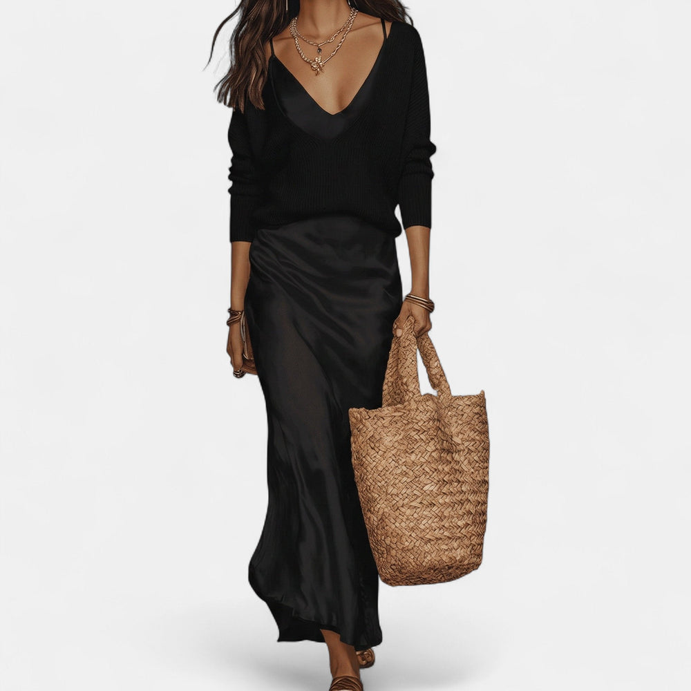 Women's Satin Slip Maxi Dress and Knit Jumper Set