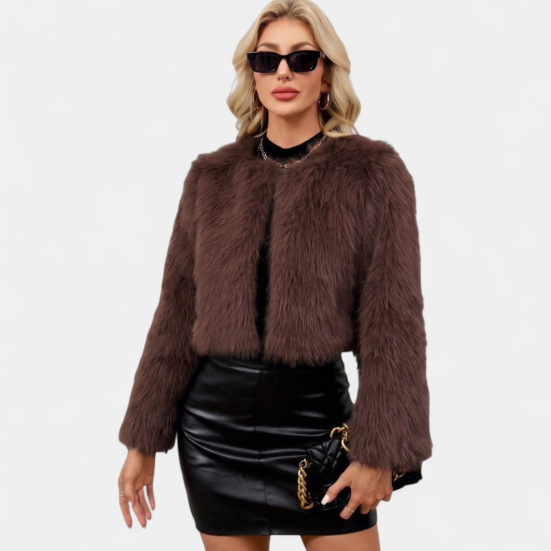 Women's Cropped Collarless Faux Fur Jacket