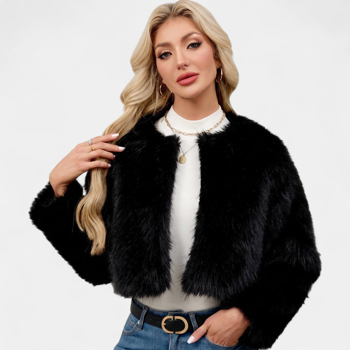 Women's Cropped Collarless Faux Fur Jacket