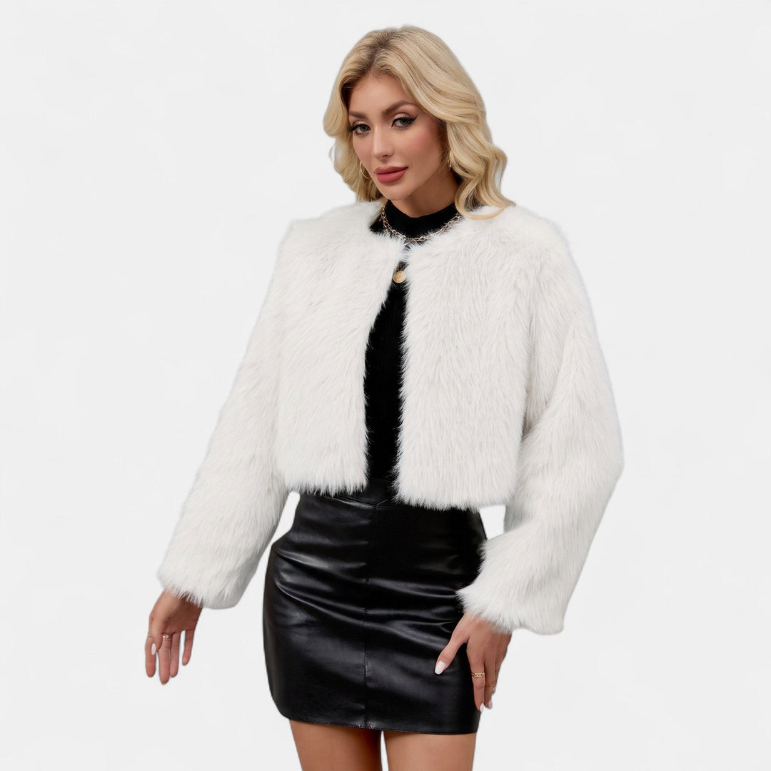 Women's Cropped Collarless Faux Fur Jacket