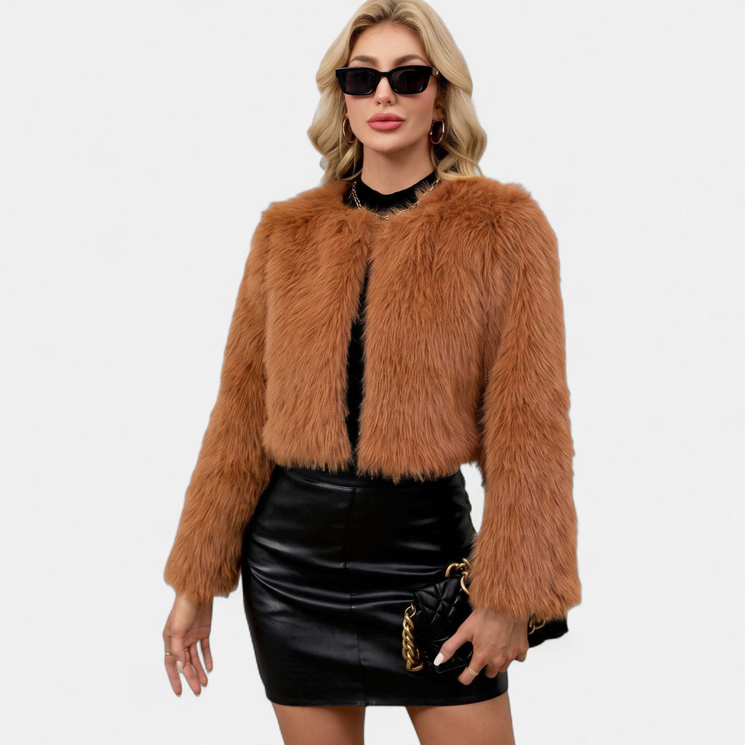 Women's Cropped Collarless Faux Fur Jacket