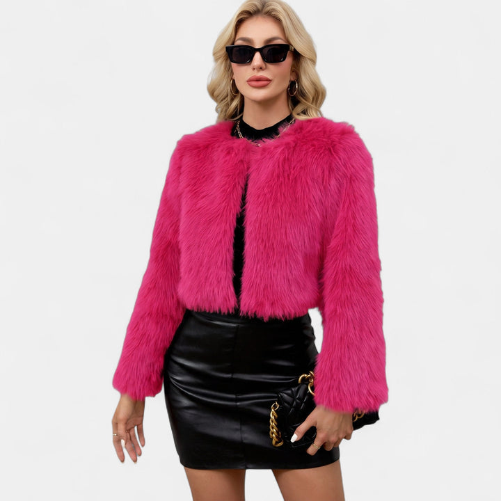 Women's Cropped Collarless Faux Fur Jacket