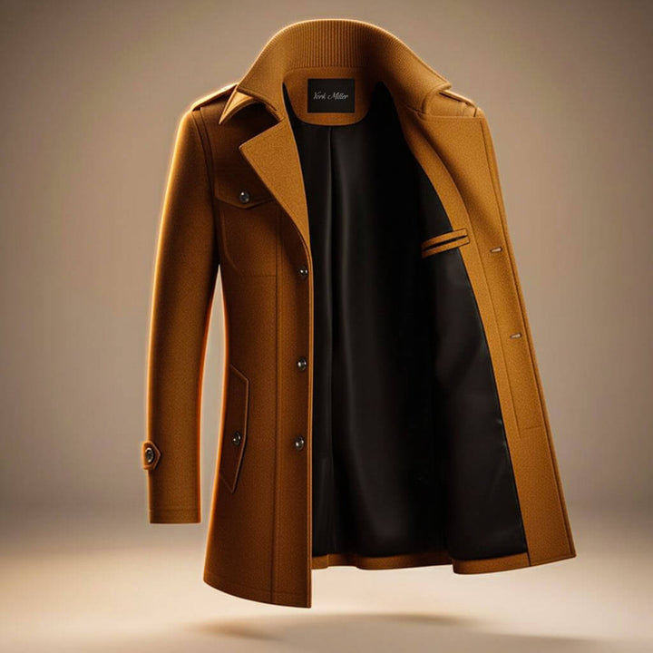 Men's structured long coat with high collar, zip and button front, and multiple pockets