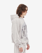 Gray graphic zip-up hoodie with cathedral print and hood