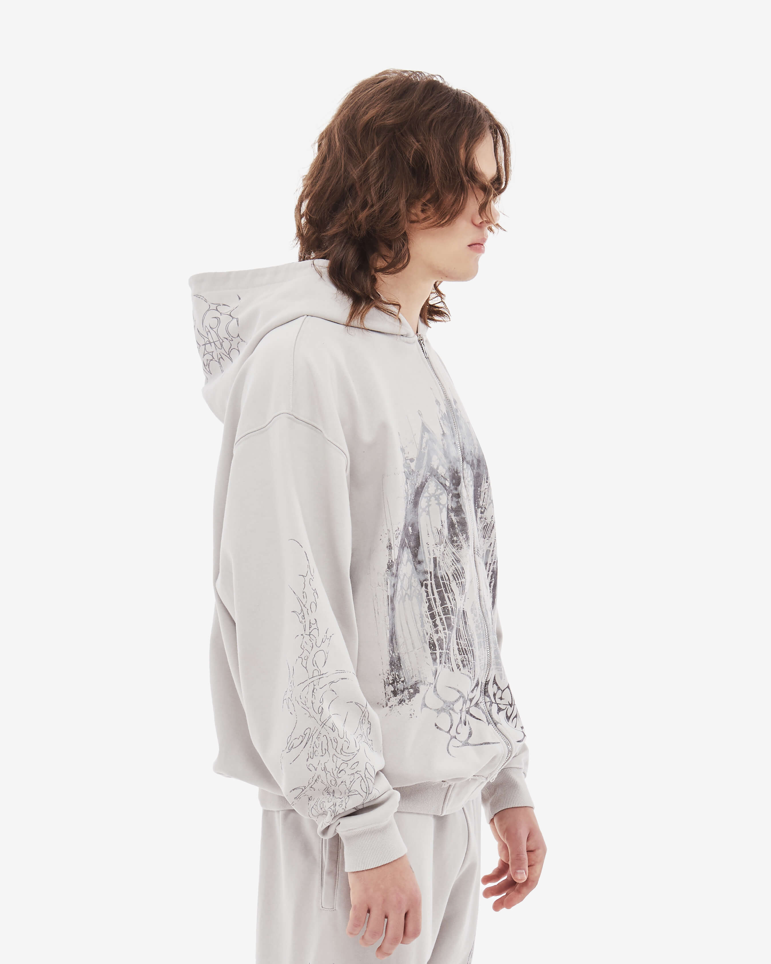Gray graphic zip-up hoodie with cathedral print and hood