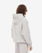 Gray graphic zip-up hoodie with cathedral print and hood