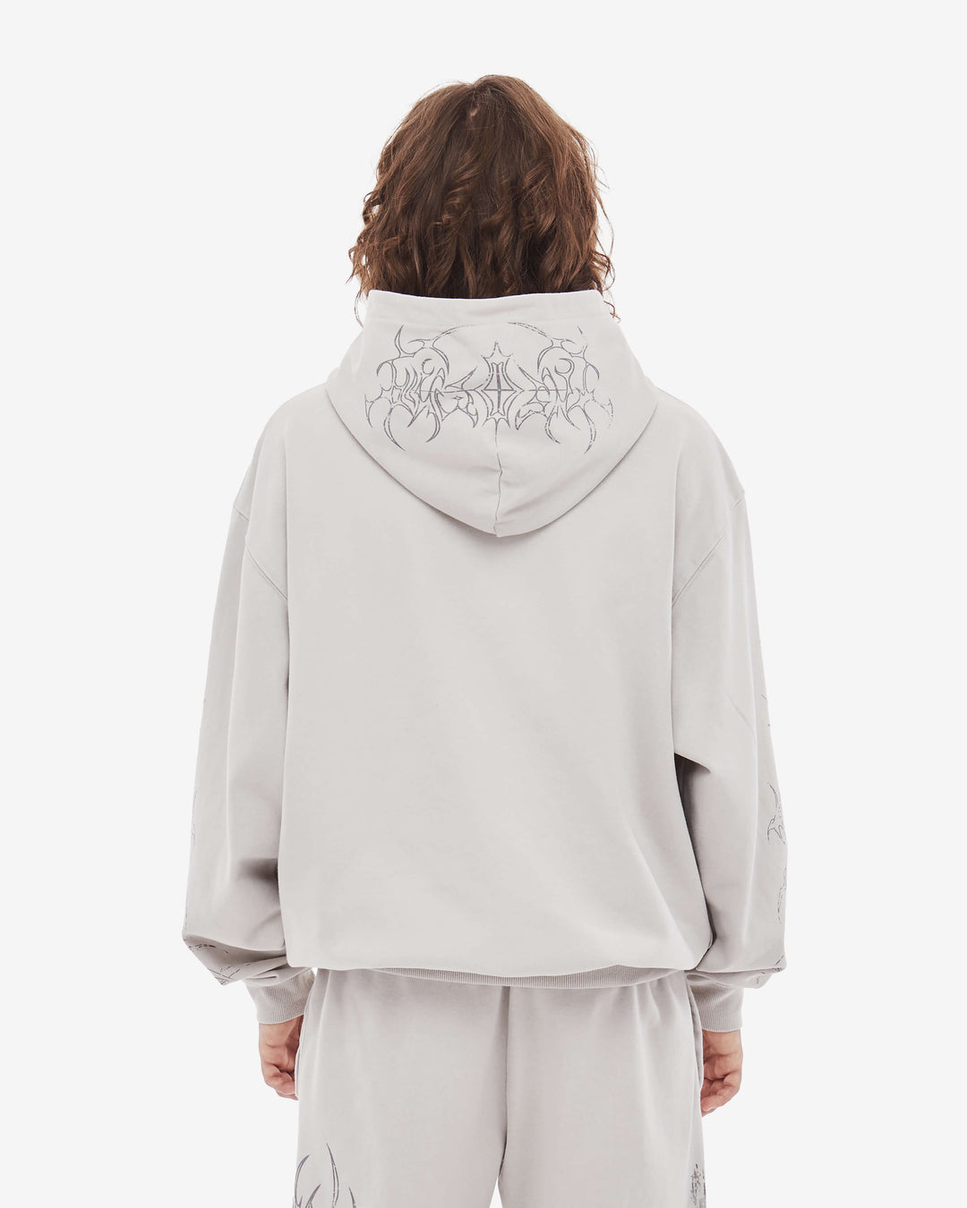 Gray graphic zip-up hoodie with cathedral print and hood