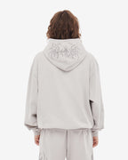 Gray graphic zip-up hoodie with cathedral print and hood