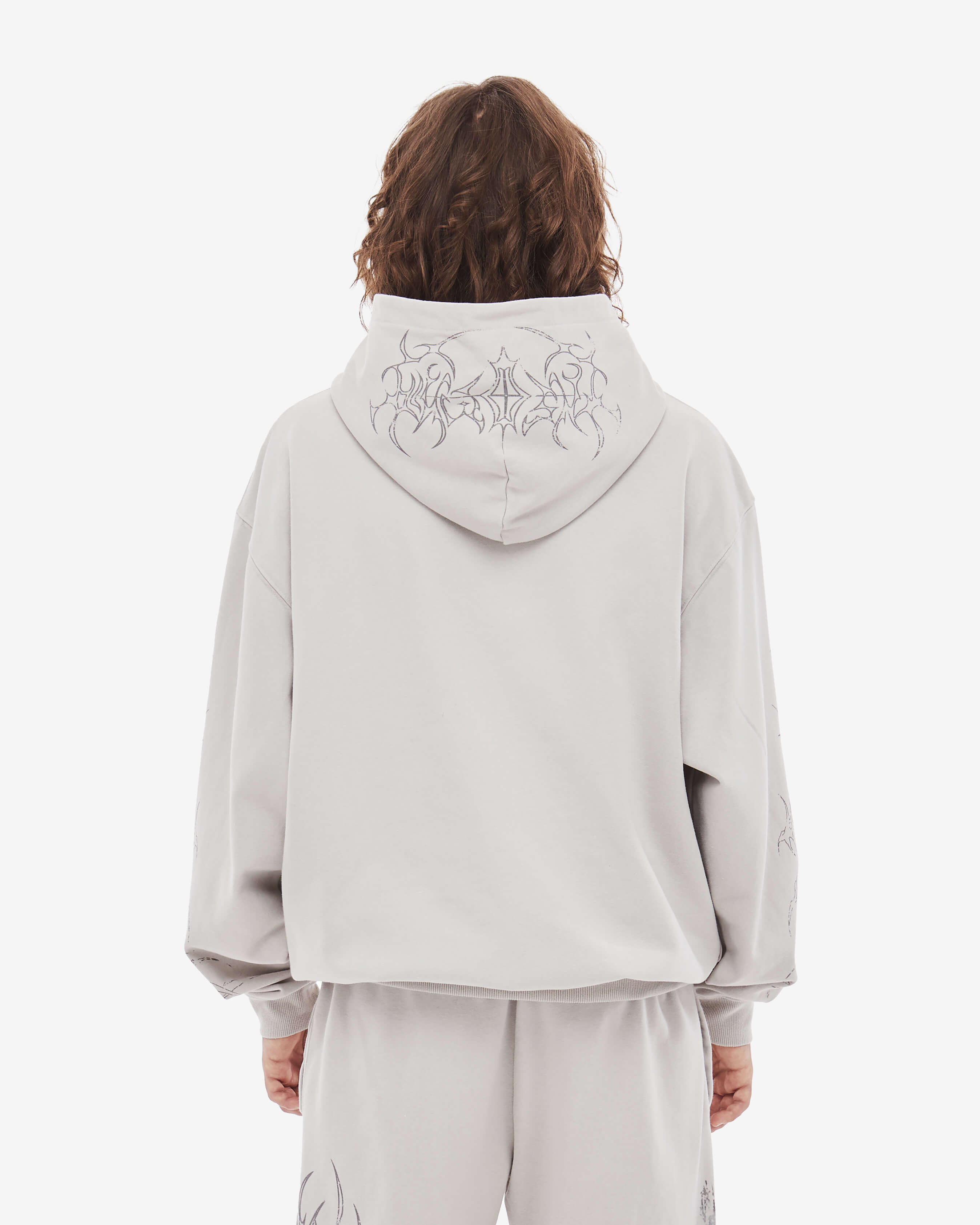 Gray graphic zip-up hoodie with cathedral print and hood
