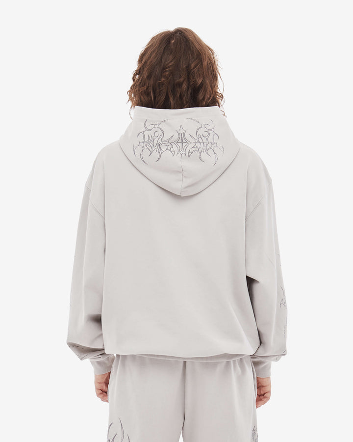 Gray graphic zip-up hoodie with cathedral print and hood